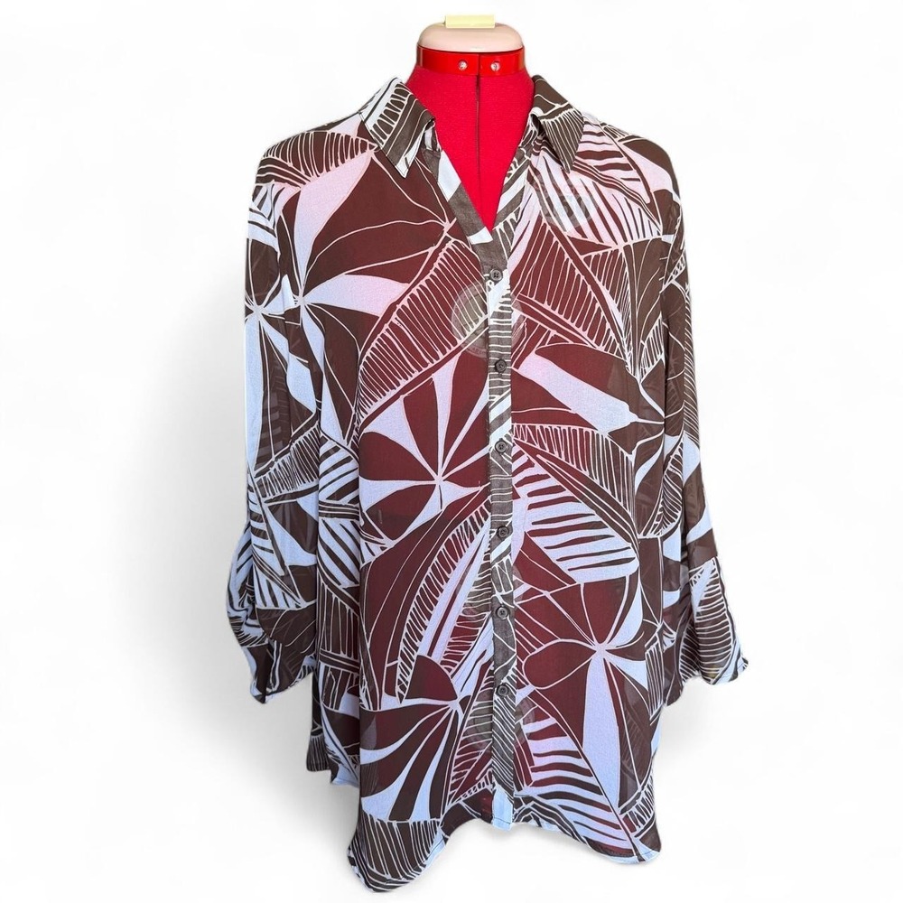 Chicos Brown White Abstract Leaf Print Sheer Button Up Blouse Top Size 3 Large